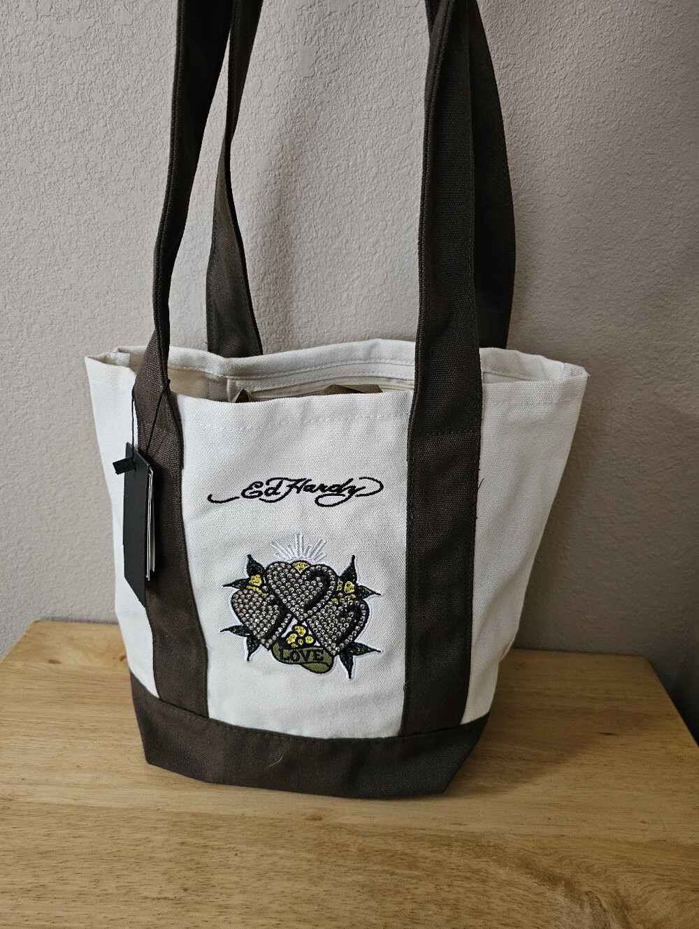 Ed Hardy Beige & Brown Canvas Tote